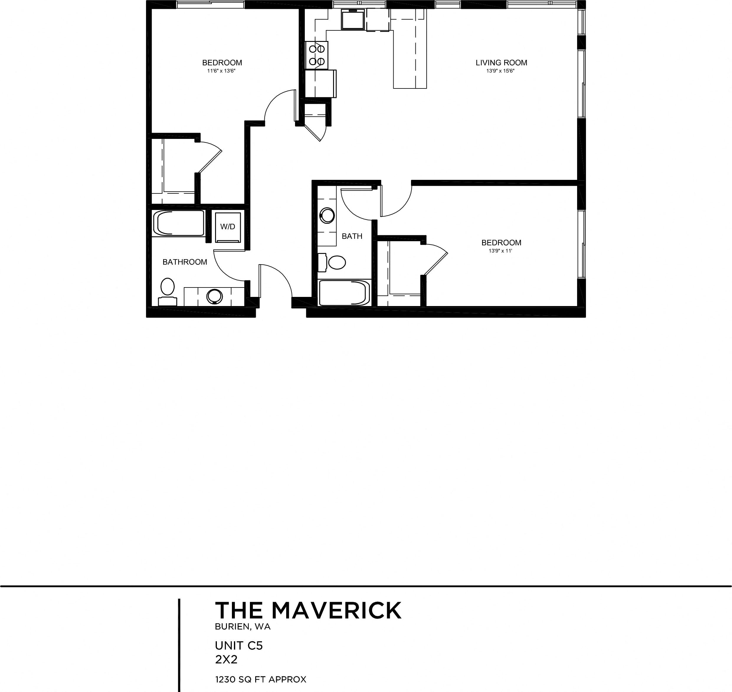 Floor plan for 2 beds, 2 baths, 1228 sqft